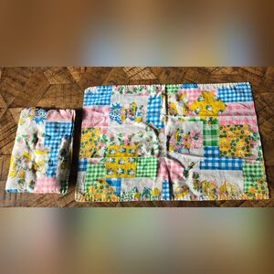 Vintage Babydoll Crib Blanket And Pillow 70s Handmade? Cats Girl Flower Basket